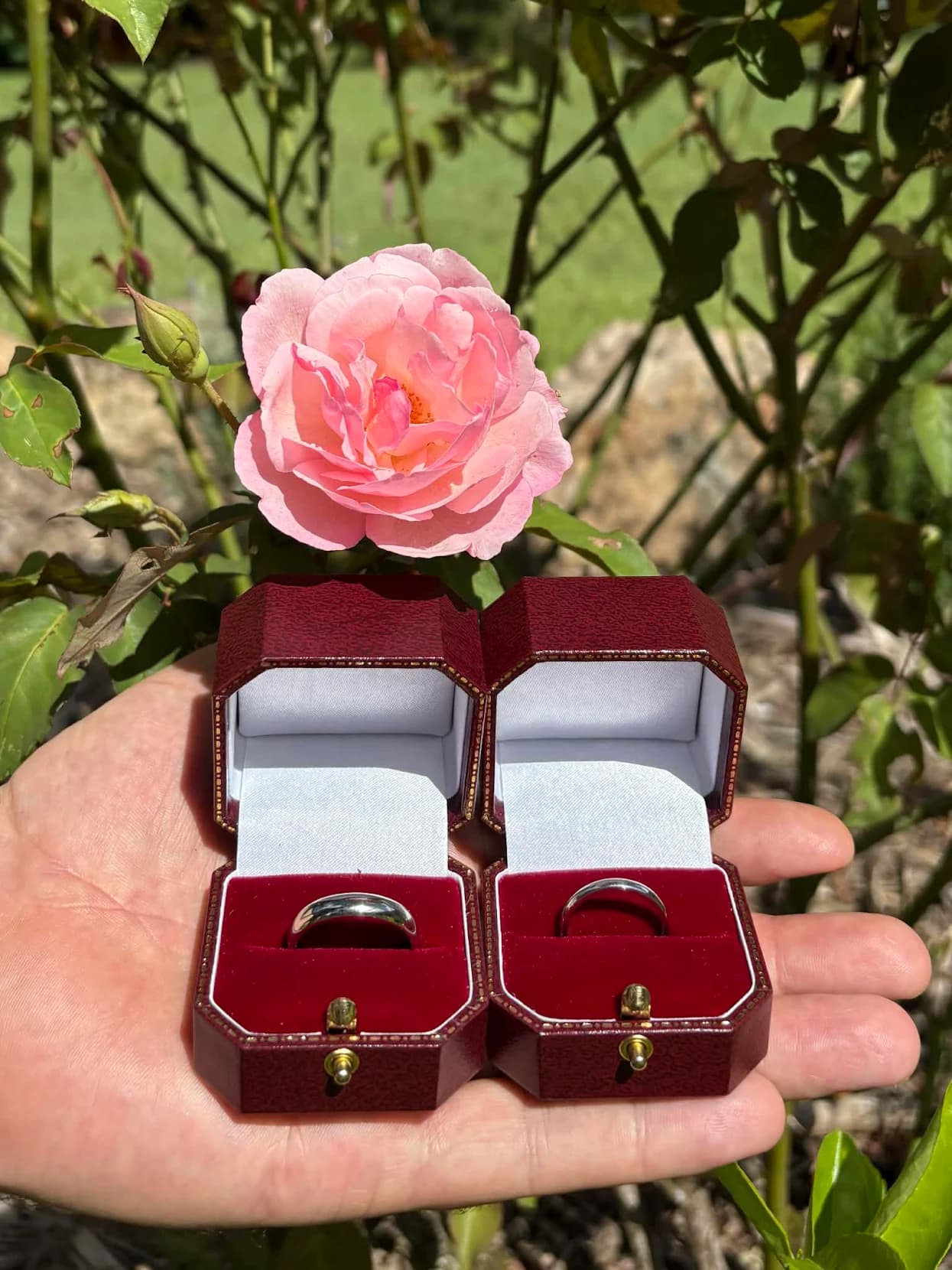 Wade's custom platinum wedding bands, handmade by Ifliands